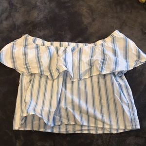 Topshop Blue + White Stripe Off the Shoulder Top